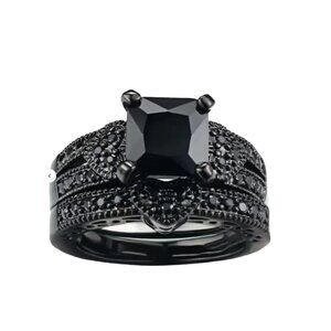 Hot Fashion Black Diamondette ring set Princess Cut Wedding Engagement Gothic